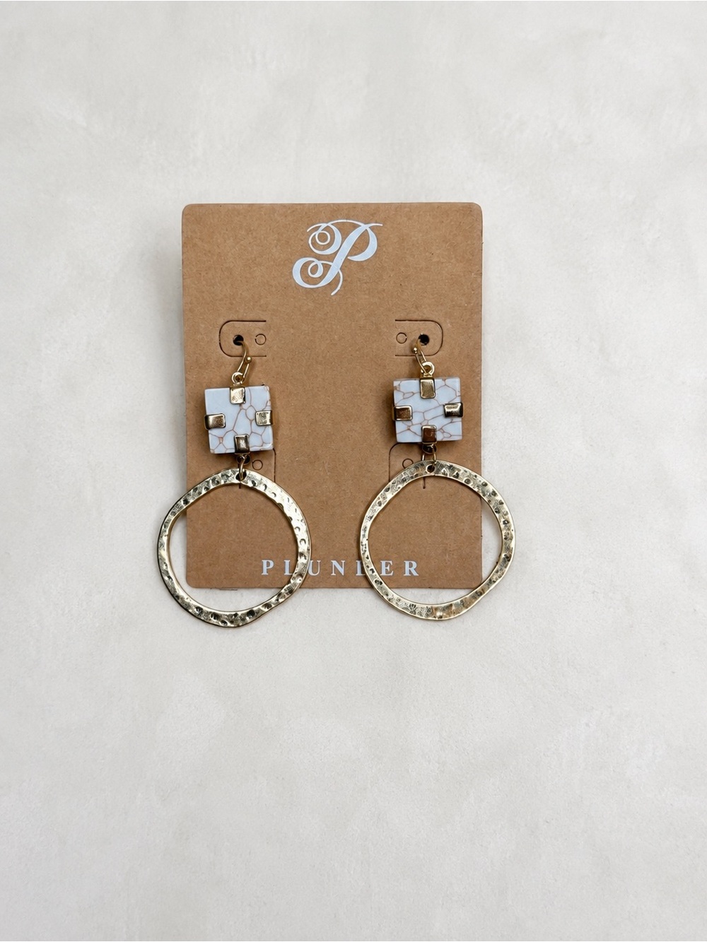 Plunder Gold Tone Hammered Hoop Dangle Earrings White Stone Geometric Statement